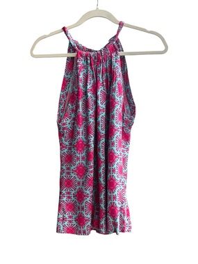 Escapada Sleeveless Halter Floral Print Tank Top - Pink & Aqua Size M